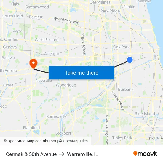 Cermak & 50th Avenue to Warrenville, IL map