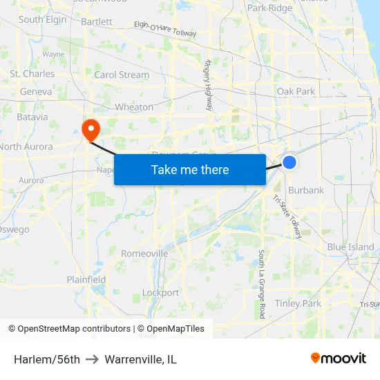 Harlem/56th to Warrenville, IL map