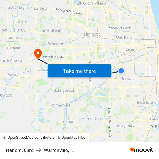 Harlem/63rd to Warrenville, IL map