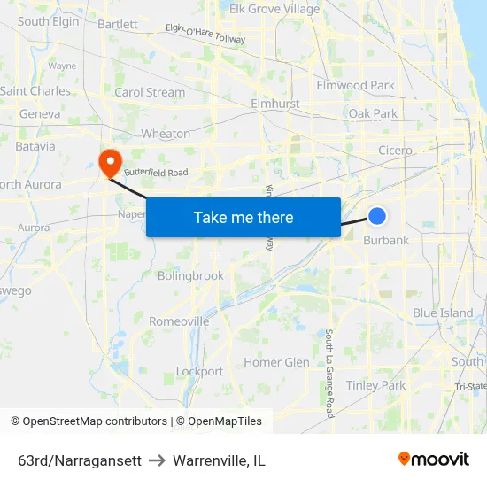 63rd/Narragansett to Warrenville, IL map