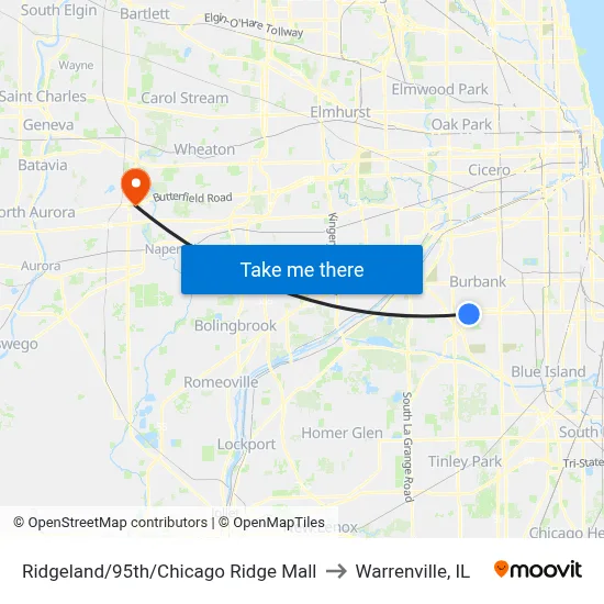 Ridgeland/95th/Chicago Ridge Mall to Warrenville, IL map