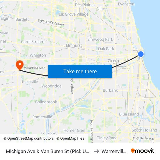 Michigan Ave & Van Buren St (Pick Up Only) to Warrenville, IL map