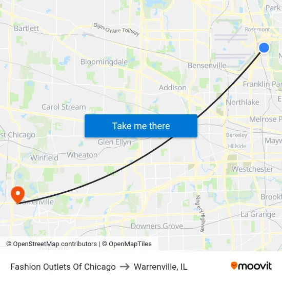 Fashion Outlets Of Chicago to Warrenville, IL map