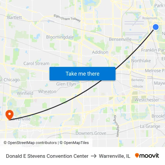 Donald E Stevens Convention Center to Warrenville, IL map