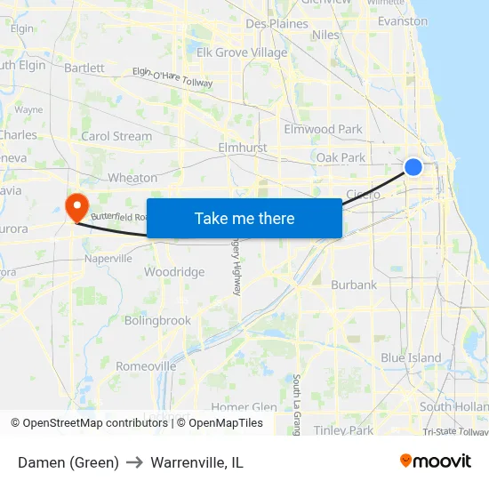 Damen (Green) to Warrenville, IL map