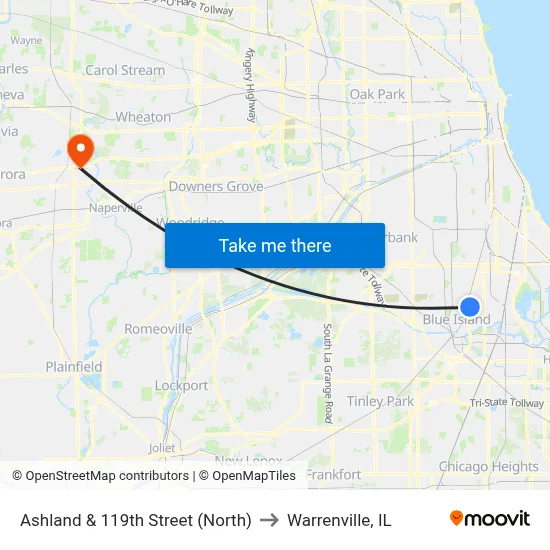 Ashland & 119th Street (North) to Warrenville, IL map