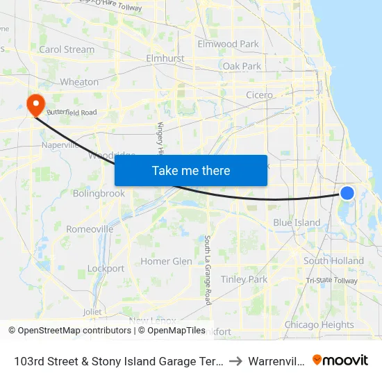 103rd Street & Stony Island Garage Terminal (Nw) to Warrenville, IL map