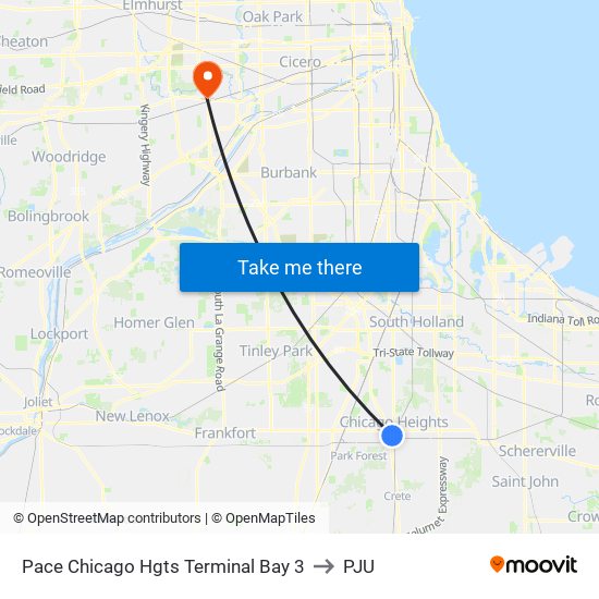 Pace Chicago Hgts Terminal Bay 3 to PJU map