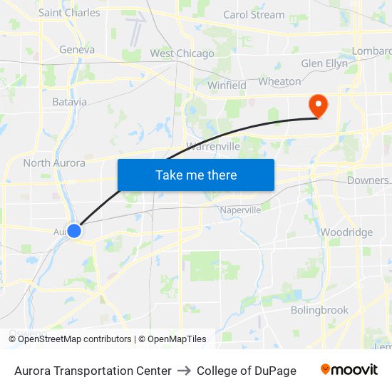 Aurora Transportation Center to College of DuPage map