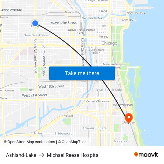 Ashland-Lake to Michael Reese Hospital map
