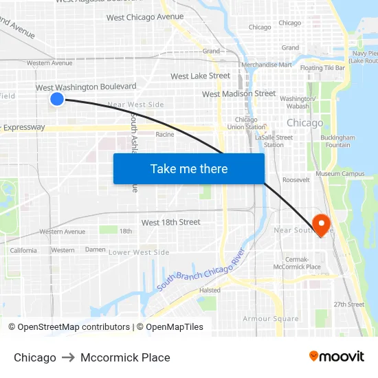 Chicago to Mccormick Place map