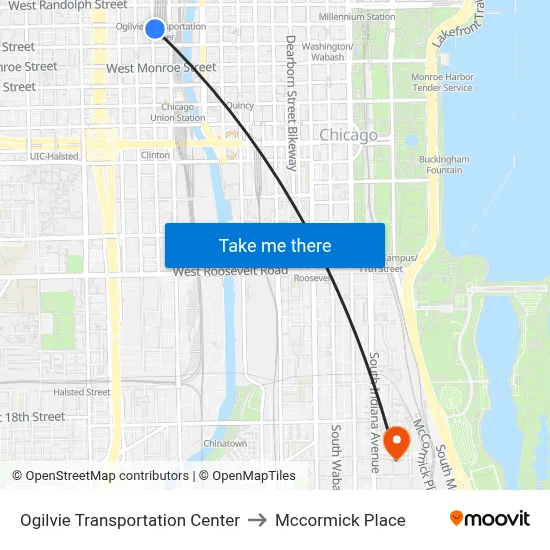 Ogilvie Transportation Center to Mccormick Place map