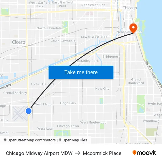 Chicago Midway Airport MDW to Mccormick Place map