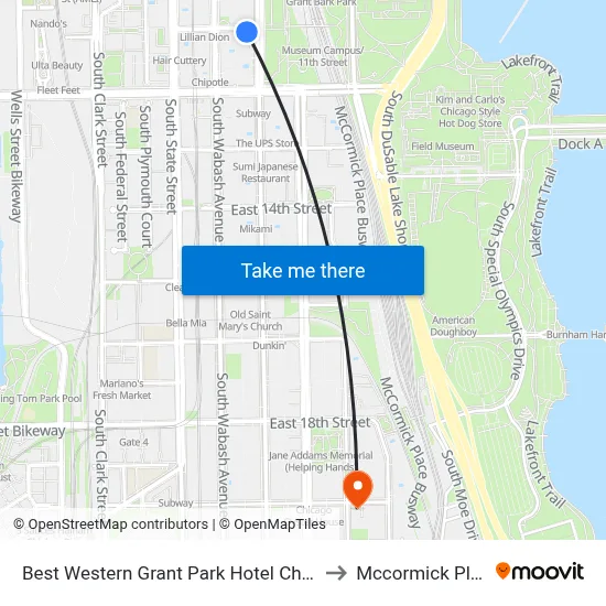 Best Western Grant Park Hotel Chicago to Mccormick Place map