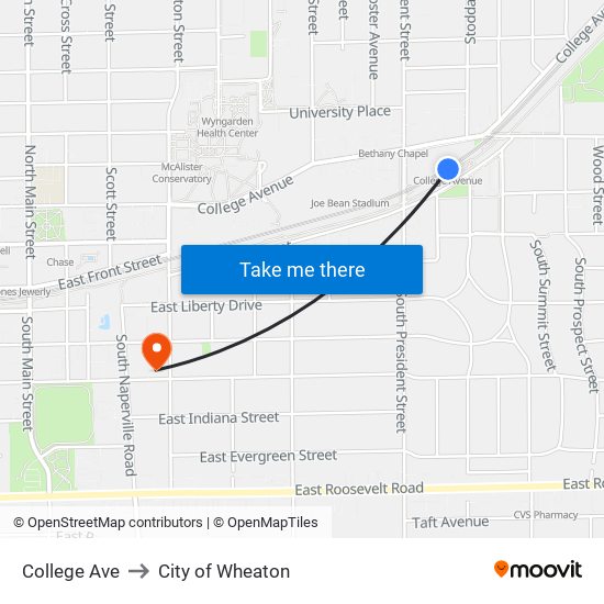 College Ave to City of Wheaton map