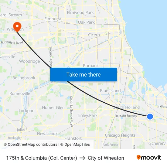 175th & Columbia (Col. Center) to City of Wheaton map