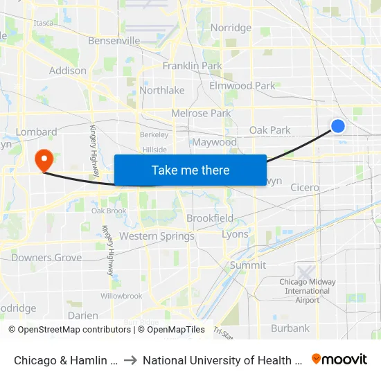 Chicago & Hamlin (East) to National University of Health Sciences map