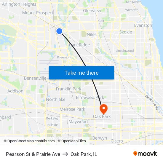 Pearson St & Prairie Ave to Oak Park, IL map