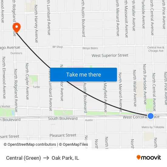 Central (Green) to Oak Park, IL map