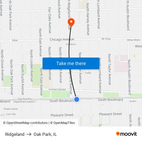 Ridgeland to Oak Park, IL map