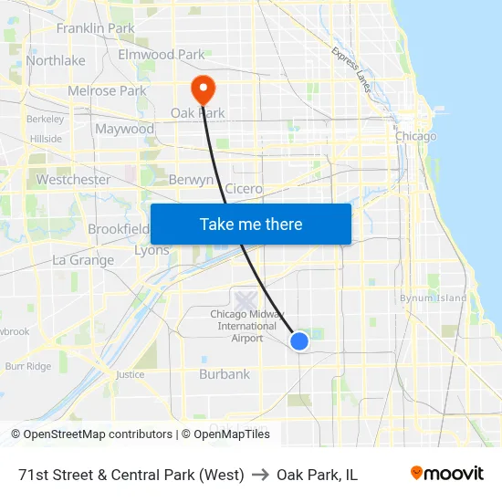 71st Street & Central Park (West) to Oak Park, IL map
