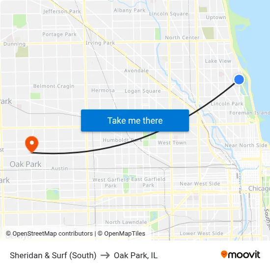 Sheridan & Surf (South) to Oak Park, IL map