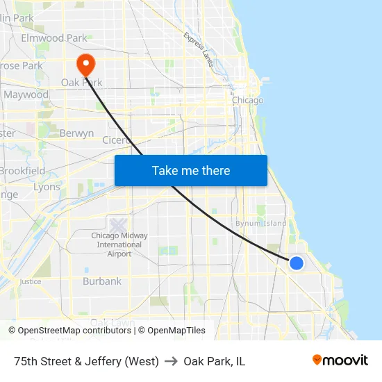 75th Street & Jeffery (West) to Oak Park, IL map