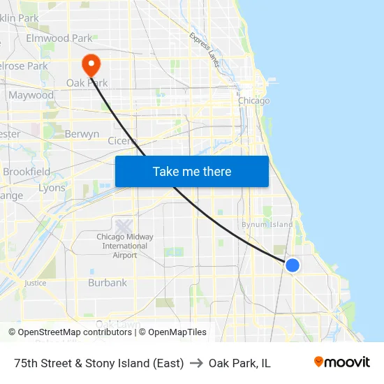 75th Street & Stony Island (East) to Oak Park, IL map
