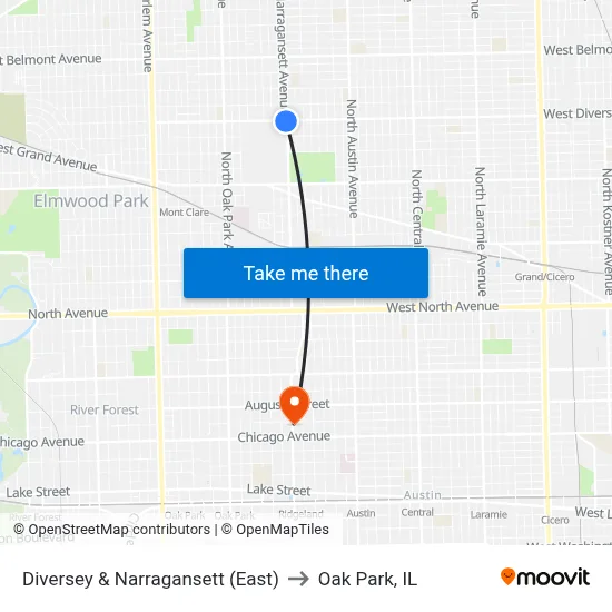 Diversey & Narragansett (East) to Oak Park, IL map