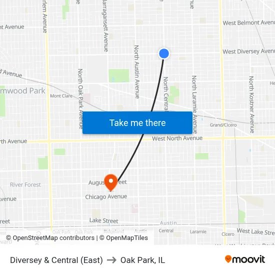 Diversey & Central (East) to Oak Park, IL map