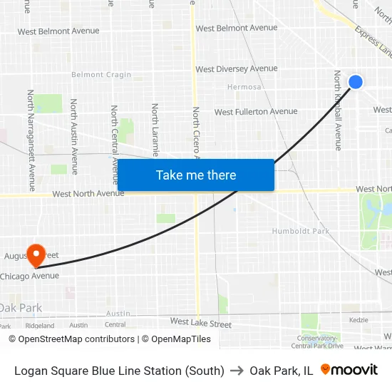 Logan Square Blue Line Station (South) to Oak Park, IL map