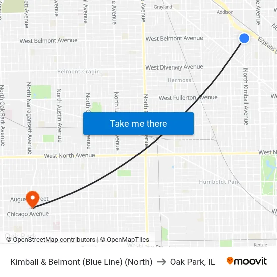 Kimball & Belmont (Blue Line) (North) to Oak Park, IL map