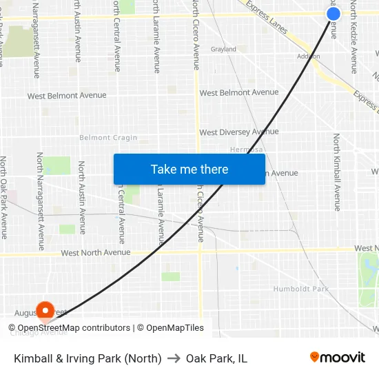 Kimball & Irving Park (North) to Oak Park, IL map