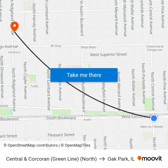 Central & Corcoran (Green Line) (North) to Oak Park, IL map