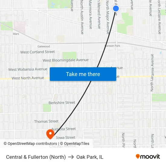 Central & Fullerton (North) to Oak Park, IL map