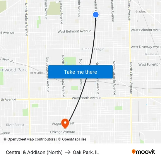 Central & Addison (North) to Oak Park, IL map