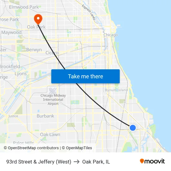 93rd Street & Jeffery (West) to Oak Park, IL map