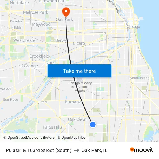 Pulaski & 103rd Street (South) to Oak Park, IL map