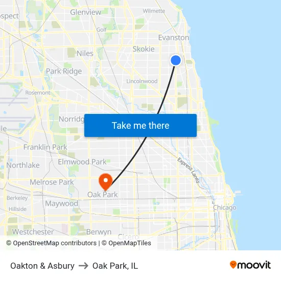 Oakton & Asbury to Oak Park, IL map