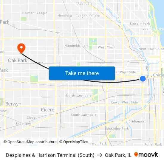 Desplaines & Harrison Terminal (South) to Oak Park, IL map