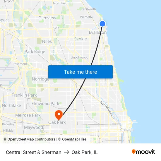 Central Street & Sherman to Oak Park, IL map