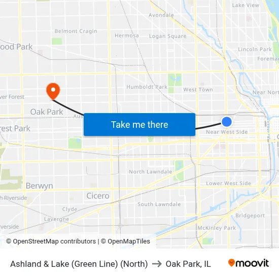 Ashland & Lake (Green Line) (North) to Oak Park, IL map