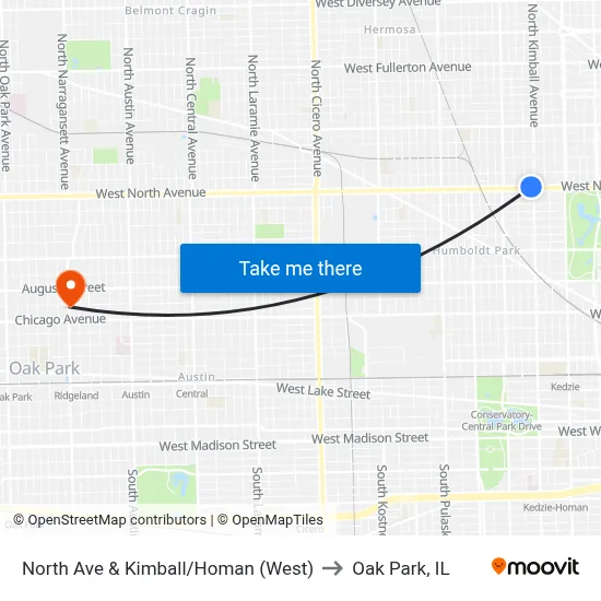 North Ave & Kimball/Homan (West) to Oak Park, IL map