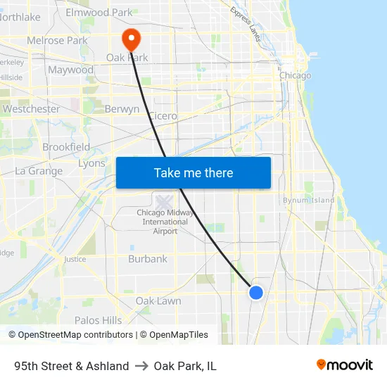 95th Street & Ashland to Oak Park, IL map