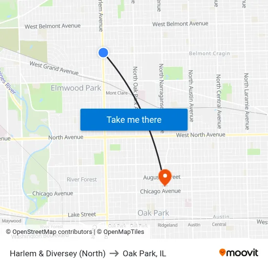 Harlem & Diversey (North) to Oak Park, IL map