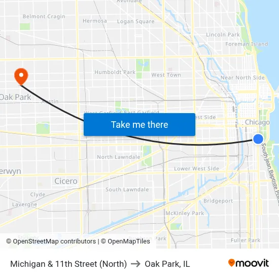 Michigan & 11th Street (North) to Oak Park, IL map