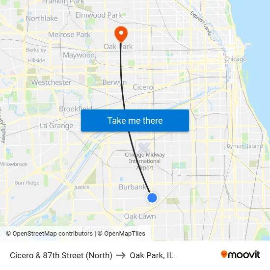 Cicero & 87th Street (North) to Oak Park, IL map