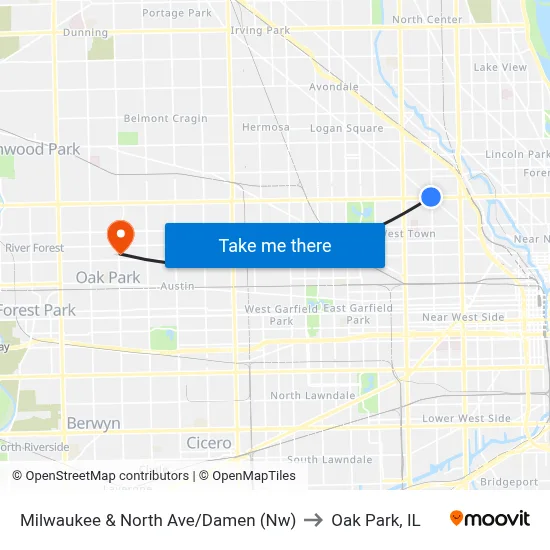Milwaukee & North Ave/Damen (Nw) to Oak Park, IL map