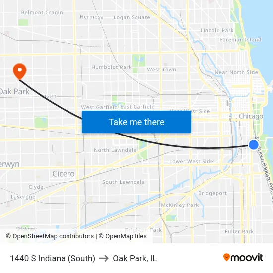 1440 S Indiana (South) to Oak Park, IL map