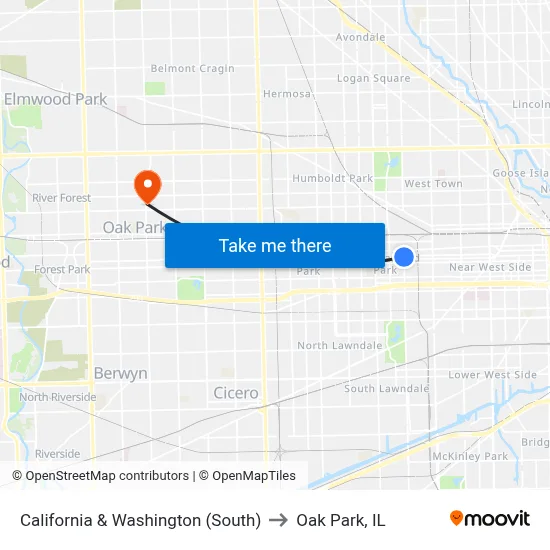 California & Washington (South) to Oak Park, IL map